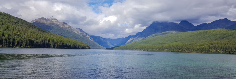 Blue skies and blue water of Bowman Lake