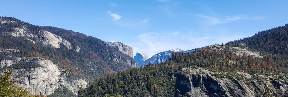 First view of Half Dome driving into Yosemite Valley on Hwy 120